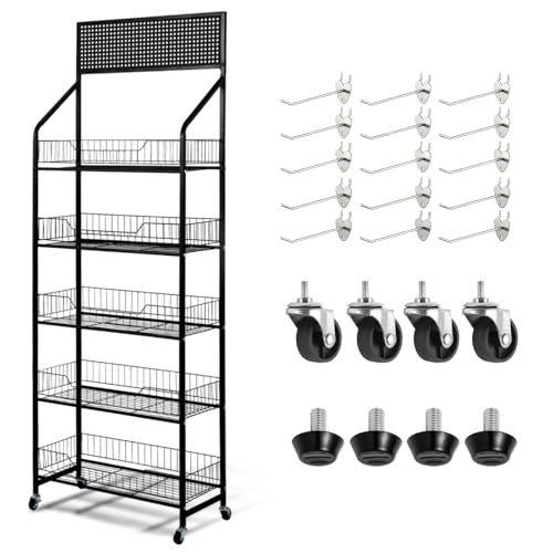Chip Display Rack - 5 Tier Snack Rack Display Stand with 360° Swivel Wheels & 15 Hooks,Metal Candy Display Rack for Supermarkets/Convenience Stores/Fruit Stores/Home by FAHKNS - Used condition - US$48.52