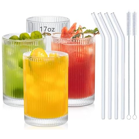 INSETLAN 17oz Ribbed Glassware Set of 4, Glass Cups Large Vintage Glassware Set, Origami Style Cocktail Glasses, Ideal for Beer, Juice, Water, Ice Coffee Cup, Whiskey Cover