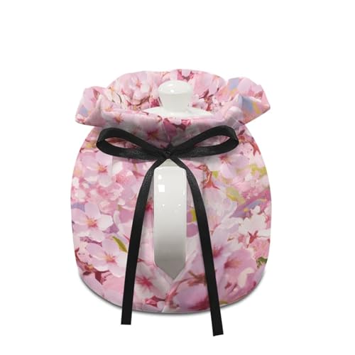 Image of Hedgehog Print Teapot Dust Cover Cherry Blossom Print Tea Cosy for Teapot Insulated Breakfast Warmer Drawstring Design Keep Warm Kitchen Decorations, Pink