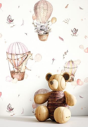 NEWROOM carta da parati Rosa Palloncino Tessuto non Tessuto - Bambini Beige Bianchi Animali Mongolfiera Giocoso