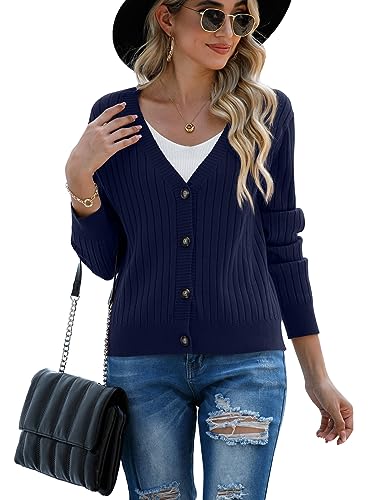 Image of FREEOAK Women's Lightweight V Neck Wool Blue Cardigan Cozy Cotton Sweaters Button Down Cardigan for Women Winter Fall Casual Sweaters Navy Blue 2XL