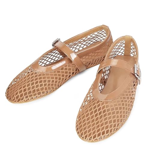 Image of MICIFA Women's Mesh Ballet Flats Fishnet Ballerina Flats Buckle Strap Mary Jane Causal Daily Dress Shoes