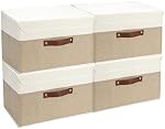 4 Pack Decorative Storage Bins Containers Fabric Bins with Lids Storage Baskets for Shelves Drawers, Desktop, Closet, Playroom, Classroom, Office, Bedroom (38x25x25, Beige/White)