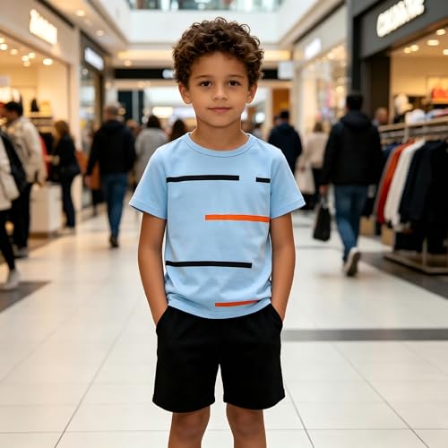 Image of 4-8T Toddler Boys 2-Piece Summer Casual Outfit Striped Print Short Sleeve T-Shirt & Shorts Set