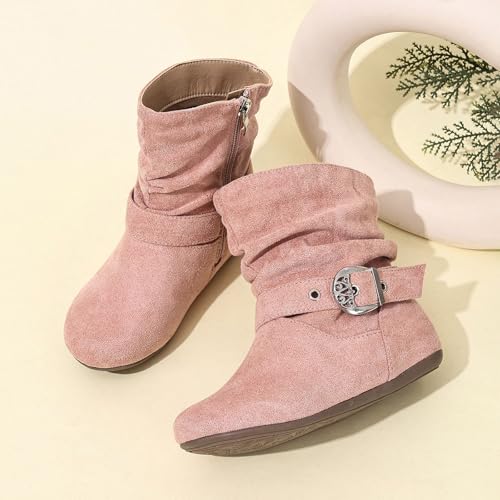Boots for Girls Kids Ankle Boots with Side Zipper Dress Boot No Heels Booties for Girl Cute Round Toe Non Slip Outsole Ajustable Buckle Mid Calf Boot for Girls3