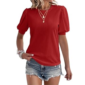 Women’s Summer Short Sleeve Top Crewneck Pleated Puff Sleeve Blouse Loose Casual Shirts