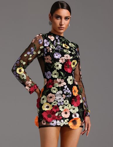 BELLA BARNETT Black Long Sleeve Flowers Embroidery Mesh Dress Floral Backless Cut Out Cocktail Dress3