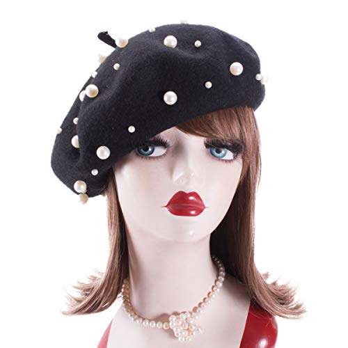 Lawliet Sweet French Womens Pearl Beaded 100% Wool Beret Cap Winter Hat Y91 (Black) - Thumbnail 6