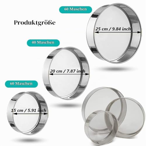 Foto von Aieraczy 15/20/25cm Mehlsieb Edelstahl, 3 Stück 40/60 Mesh Mehlsieb Feinmaschiges, Puderzuckersieb, Küchensieb Fein, Groß Einhand Mehl Sieb Fein für Backen, Reis, Getreide, Bohnen, Obst Gemüse