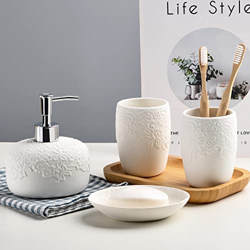 Bathroom Accessories Set With Embossed Design 4Pcs, Ceramic White Bathroom Accessory Set, 1Pcs Bathroom Soap Dispenser 14Oz, 2Pcs Tumbler Cup, 1Pcs Soap Dish, Antis's Home #TOP3