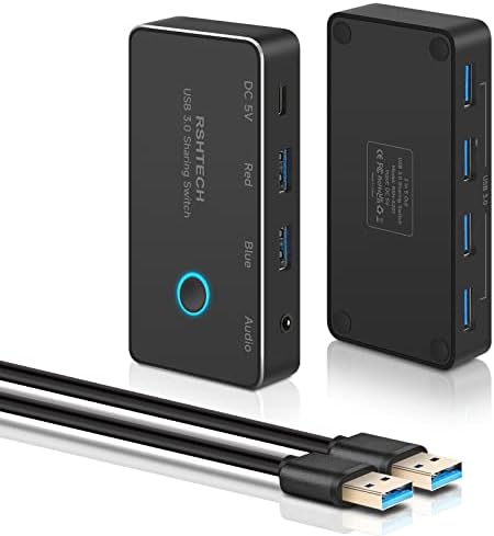 USB 3.0 Switch, RSHTECH 2 In 5 Output USB 3.0 Sharing Switcher Aluminum USB KM Switcher with 4 USB 3.0 Ports, 3.5mm Audio Jack and 2 USB 3.0 Cables for Printers, Keyboards, HDD Drives, Mouse