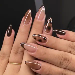 Medium Almond Press on Nails - French Tip Fall Fake Nails with Brown Leopard Designs, Reusable Stick on False Nails with Glue Tabs for Women 24PCS