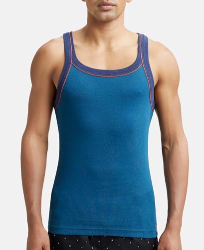 Image of Jockey US54 Men's Super Combed Cotton Rib Square Neckline Gym Vest with Back Panel Graphic Print (Shoulder Starp Color May Vary)