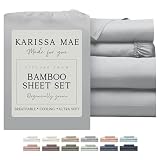 KARISSA MAE Cooling Bamboo Viscose 34' Split Top King Sheet Set | 100% Organically Grown | 18” Deep Pocket | Silky, Soft, & Hypoallergenic | with Organizer Band & Elastic Corner Straps [Grey Mist]