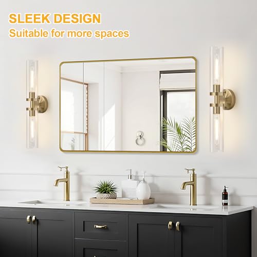 Image of Indoi Brass Wall Sconces, Hardwired Bathroom Sconces Wall Lighting with Clear Glass, Modern Bathroom Vanity Lights fixtures for Mirror Bedroom Living Room Hallway Kitchen