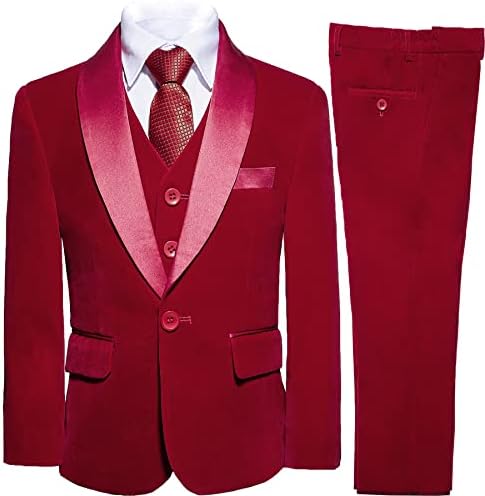 Boys Red Velvet Suits 3Piece Slim Fit Tuxedo Shawl Collar Proms Dinner Suits Size 6,Red