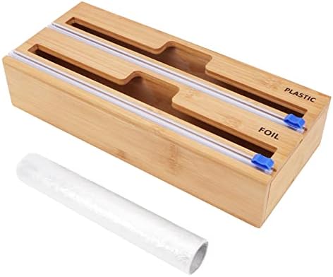 Plastic Wrap Dispenser with Cutter, Bamboo Wood Wrap Dispenser with 1 Roll Plastic Wrap, Tin Foil Dispenser for Parchment Paper, Cling Film Wrap, Reusable Kitchen Storage Tools(2 Grids)