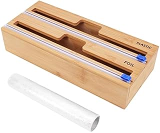 Plastic Wrap Dispenser with Cutter, Bamboo Wood Wrap Dispenser with 1 Roll Plastic Wrap, Tin Foil Dispenser for Parchment Paper, Cling Film Wrap, Reusable Kitchen Storage Tools(2 Grids)