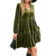 R.Vivimos Womens Fall Winter Velvet Tunic Dress 2025 Long Sleeve V Neck Casual Loose Tiered Ruffl...