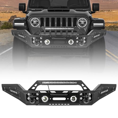 SUNPIE Front Bumper for Jeep Wrangler JK/JKU JL/JLU JL 4XE and Jeep Gladiator JT 2007-2026, After Market Bumpers with License Plate, Light Bar, Fog Lights and D-Rings, Black Jeep Wrangler Accessories