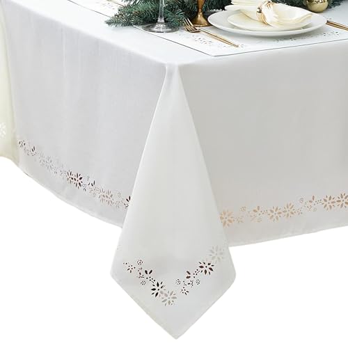 Elrene Home Fashions Poinsettia Noel Laser Cut Holiday Fabric Tablecloth, 52"x70" Rectangle, Poinsettia Ivory
