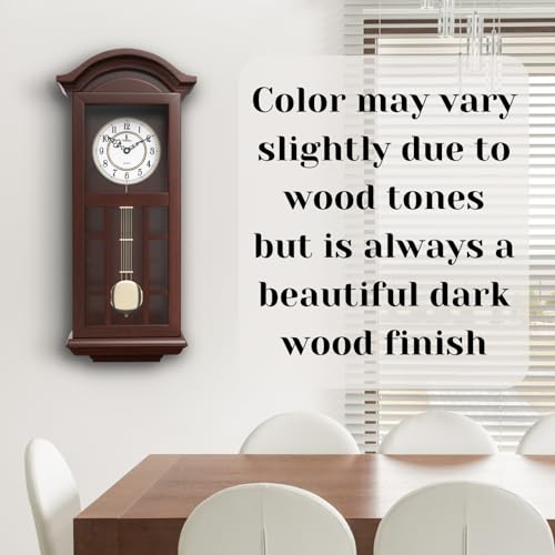 Pendulum Wall Clock - 27 inch Wooden Hanging Grandfather Wall Clock with Pendulum - Real Wood, Quiet, Non-Chiming & Battery Operated for Living Room Decor, Office & Home D&eacute;cor Gift