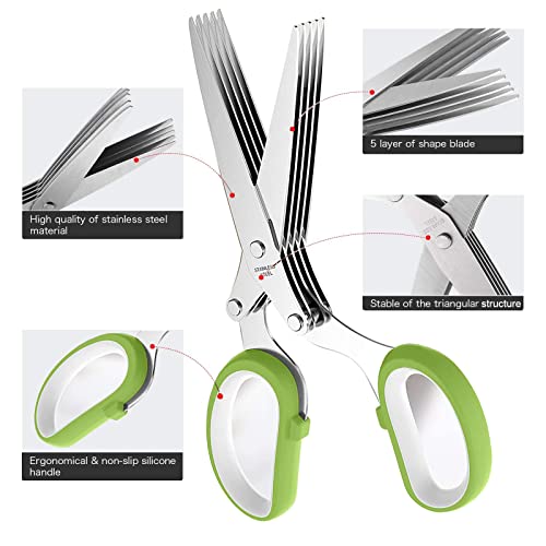 Updated Herb Scissors With 5 Blades And Cover, Kitchen Shears For Cutting Herbs, Kitchen Gadgets Cutter Chopper Food Cutter Scissors For Cilantro And Green Onion, Vegetable Salad Food Cutter (Green) #TOP4