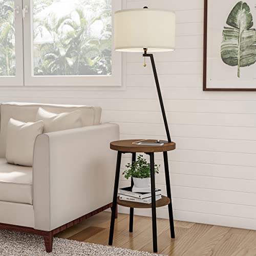 Lavish Home Floor Lamp End Table-Mid Century Modern Side Table With Drum Shaped Shade, Led Light Bulb Included, Usb Charging Port And Storage Shelf #TOP1
