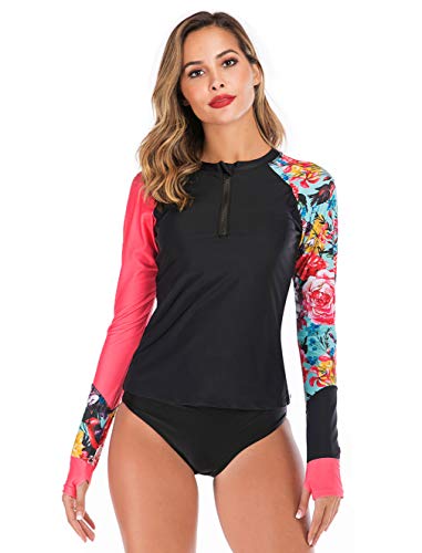 dilinte Long Sleeve One Piece Swimsuit Floral Print Zipper Sun Protection Swimsuit Rash Guard Bathing Suit