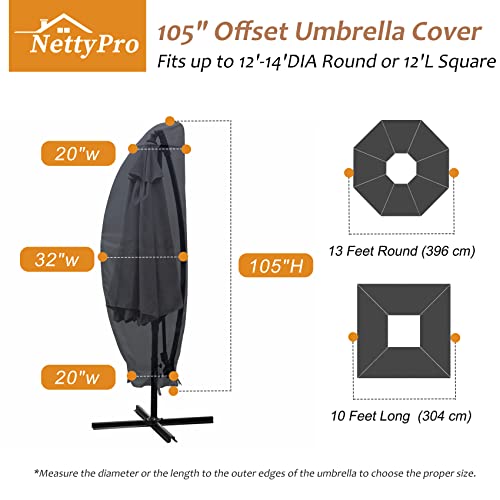 NettyPro Outdoor Umbrella Cover for 12 to 14FT Offset Umbrella, Fade Resistant Waterproof Patio Cantilever Parasol Banana Umbrellas Cover with Zipper and Rod, Black