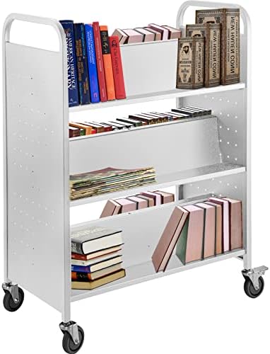 VEVOR Book Cart, Library Cart 6-Shelf, Rolling Library Book Cart Double Sided W-Shaped Sloped Shelves with 4-Inch Lockable Wheels, for Home Shelves Office and School Book Truck in White