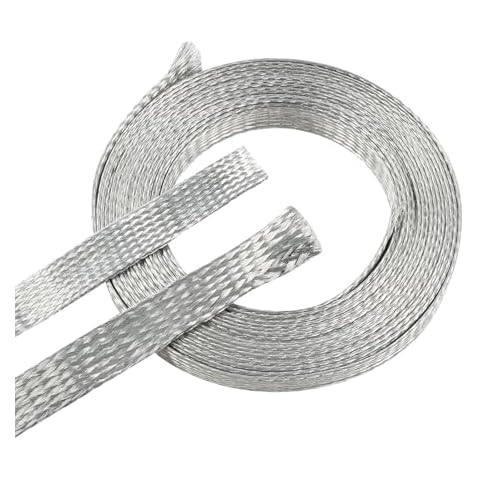 BuyUneed Tinned Copper Metal Braid Sleeving Wire Shielding Sleeve Braided Copper Ground Straps EMI/RFI Interference Expandable Flat Mesh Shielding Cable for Protect Wire (1/2inch-22ft) Cover