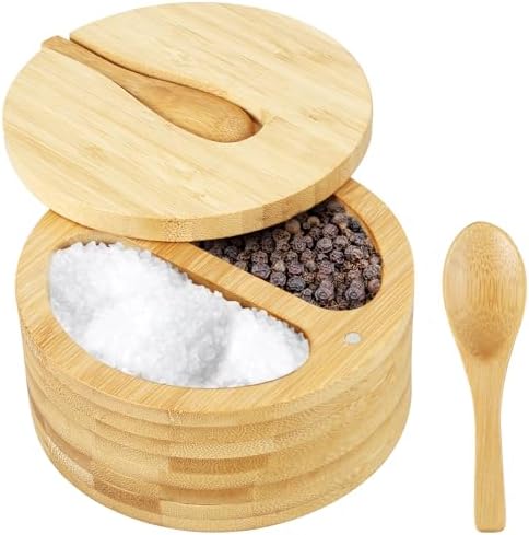 UKQRRTC Acacia Wood Salt And Pepper Box - 2 Compartments With Rotating Magnetic Lid & Spoons, Spice Organizer For Kitchen - View #5