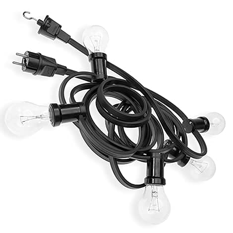 Outdoor Lichterkette 6 Meter, 5xE27 Fassung, Partylichter, Gartenbeleuchting, Lichterkette Außen, für 5 Glühbirnen, Flachkabel schwarz, mit Haken, Robust, Wetterbeständig IP44 Cover
