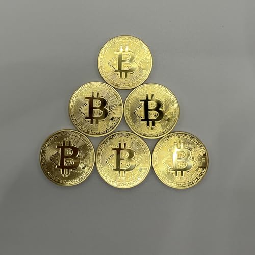 6PCS Gold Plated Bitcoin Coins - 40mm Diameter, 3mm Thickness Commemorative Physical BTC Cryptocurrency Collectible with Clear Protective Case, for Blockchain Enthusiasts