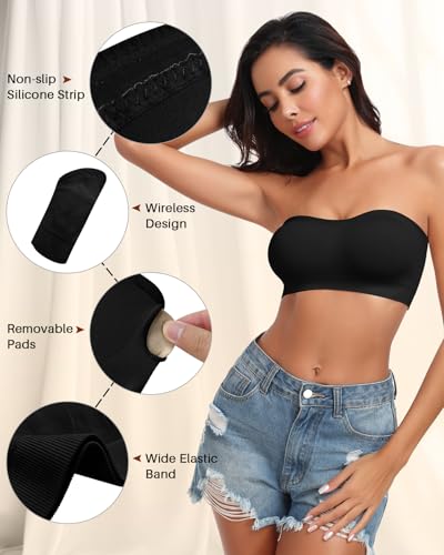 LEYSHE Women's Strapless Wireless Bandeau Bra Seamless Tube Top Invisible Bralettes with Clear Straps Padded Multiway Bra,Black,M - Image 5