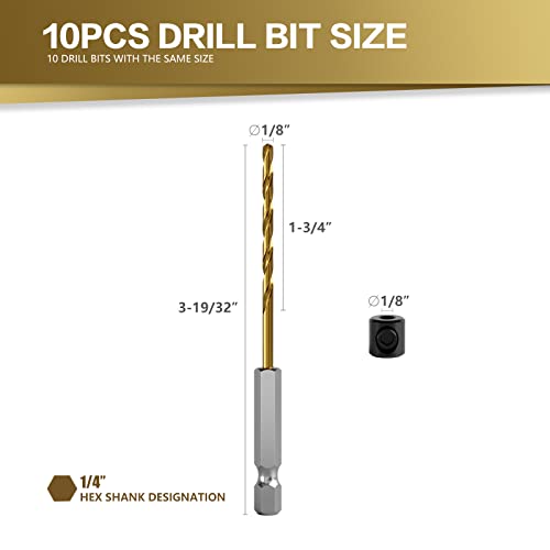 Csoom Titanium Twist Drill Bit Set, 10 Pcs Of 1/8” Twist Drill Bits With 1 Extra Drill Locator, High Speed, For Steel, Wood, Plastic Etc. #TOP1
