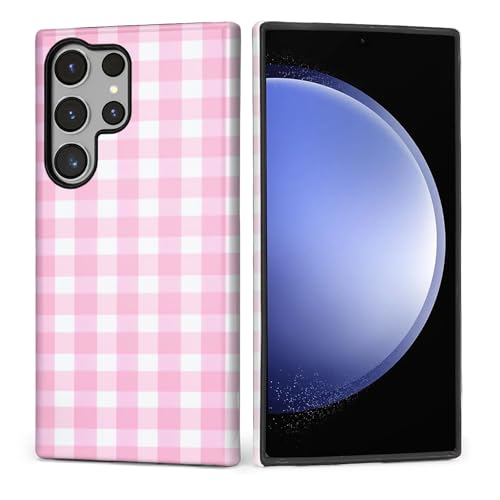 ZHEGAILIAN Case for Samsung Galaxy S24 Ultra,Shockproof Hard Shell + Soft Silicone 2 in 1 Hybrid,Shockproof Bumper Drop Protective - Simple Pink and White Check
