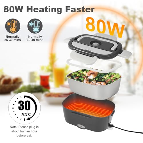 SOHIDA Electric Lunch Box, 12V/24V/110V Portable Food Warmer with SS Fork & Spoon for Car/Truck/Office, 80W Self Heating Lunch Box with 1.5L 304 Stainless Steel Container & 0.45L PP Fruit Box Beige by SOHIDA - Image 3