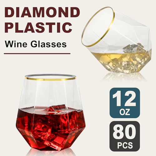 Image of Goodluck 80PCS 12oz Diamond Stemless Plastic Wine Whiskey Glasses,Gold Rim