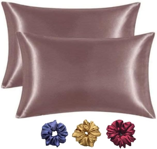 ARMOXA Butter Satin Silk Pillowcase for Hair and Skin, Pillow Cover Set of 2, Soft Luxury Satin Pillowcovers with Envelope Closure, 3 Free Scrunches (Rose Tupe Color)