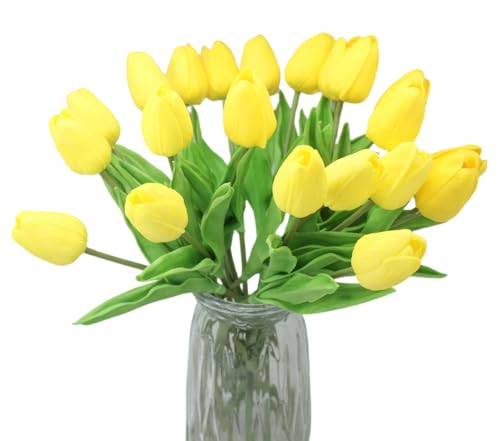 ALIERSA 10-Heads Artificial Flowers Home Decor Mini Tulip Real Touch Tulips Wedding Bouquets for Bride (Yellow)