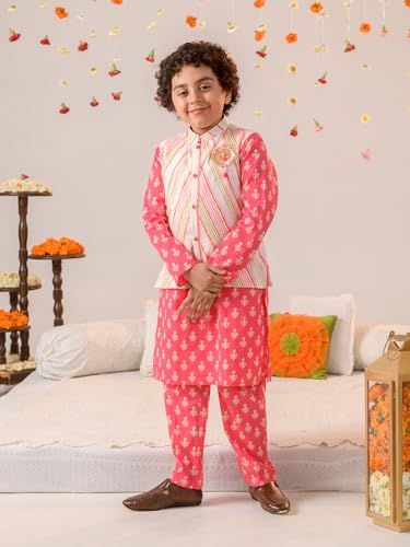 Pspeaches Boys Ethnic Motifs Printed Pure Cotton Kurta With Pyjamas Nahru Jacket