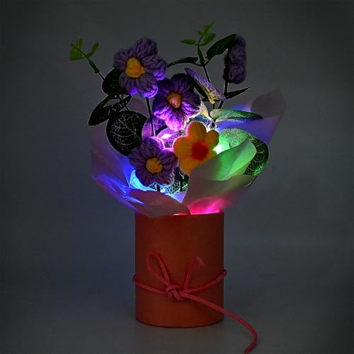 Image of Cortina Handmade Crochet Artificial Flowers with Light | Aesthetic Room Decor, Living & Bedroom Decor | Artificial Flower Wall Decor | Great for Gifting - Pink and Purple - 8.12x6.35x19.8 CM