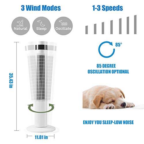 Antarctic Star Tower Fan Portable Electric Oscillating Fan Quiet Cooling Remote Control Standing Bladeless Floor Fans 3 Speeds Wind Modes Timer Bedroom Office (36 Inch, White) #TOP2