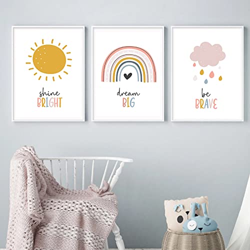 Bankrenart Boho Nursery Wall Art Children Room Decoration Dream Big Be Brave Shine Bright Unframed Kids Wall Art Rainbow Decor Canvas Print Poster for Boys Girls Bedroom (16 x 24 Inch,Set of 3)