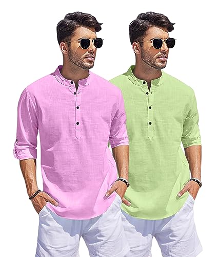 Image of Bellstone Men's Cotton Blend Straight Kurta Shirt Combo with Mandarin Collar - Slim Fit Casual Short Kurti Set Featuring Textured Slub Fabric and Roll-Up Full Sleeves