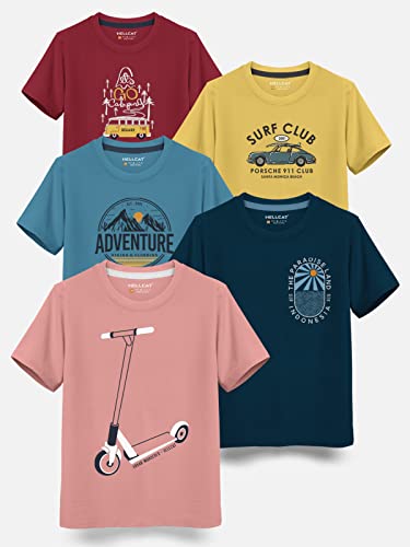 Image of HELLCAT Boys Round Neck Printed Blended Cotton Tshirt -Combo Pack of 2 - Orange /Blue
