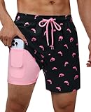 Gleeease Men Swim Shorts Men's Board Shorts 5 inch with Compression Liner Pockets Drawstring Quick Dry Stretch Lined Funny Beach Swimming Pool Surf Black-Pink Dolphins Small
