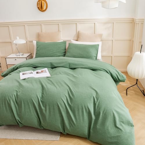 Image of ECOCOTT Sage Green Duvet Cover Full Size, 100% Washed Cotton 3-Piece Bedding Set - Ultra Soft, Breathable & Easy Care with Zipper Closure and 2 Pillowcases (No Comforter)